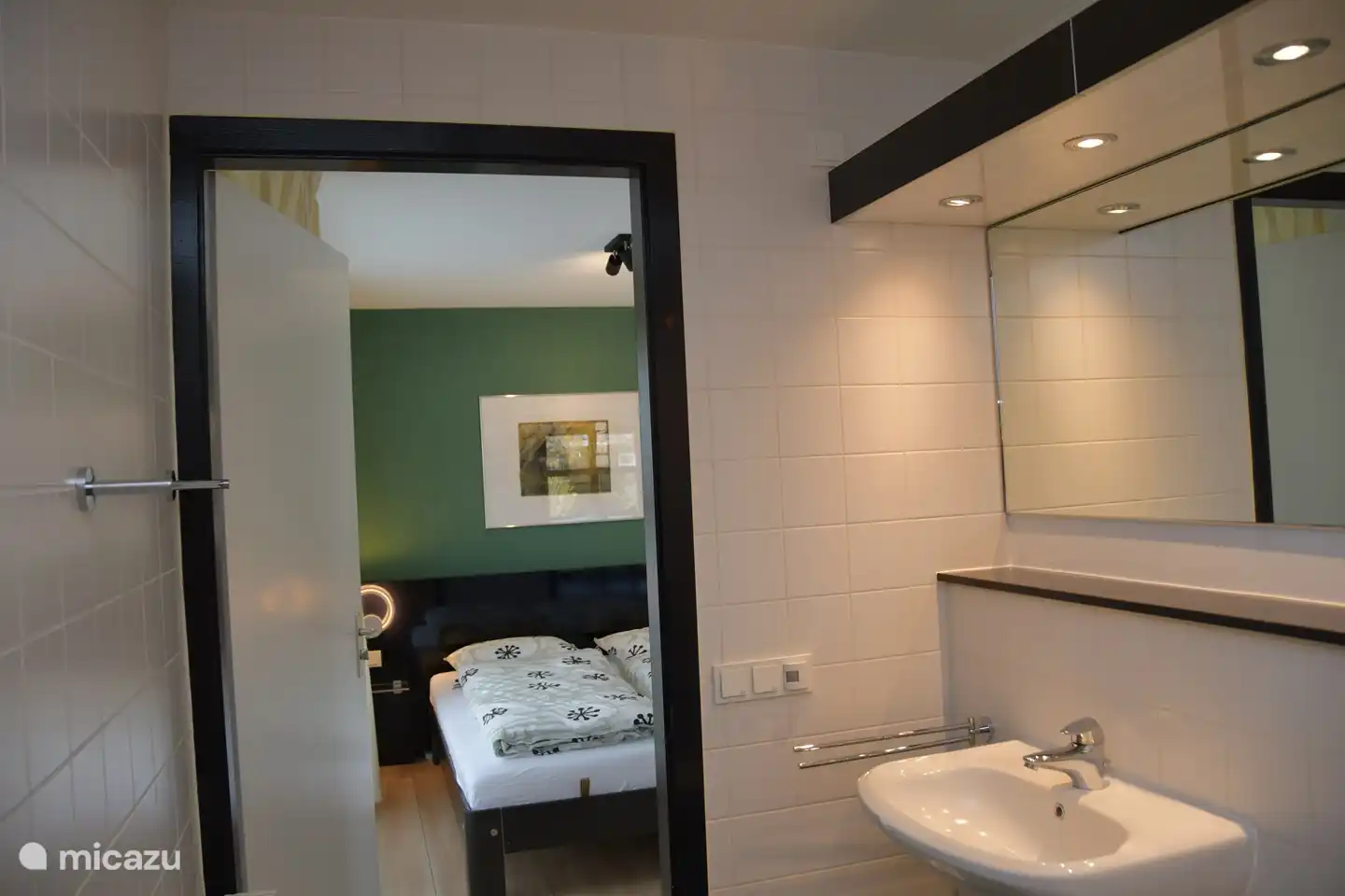 Salle de bain avec lavabo, WC, douche et machine à laver