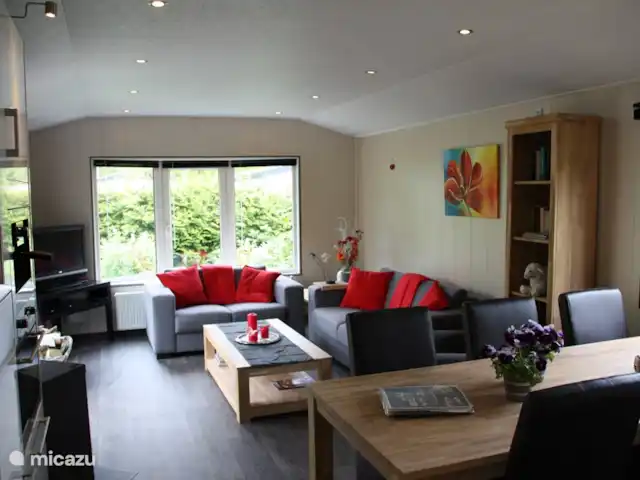 Bungalow en bordure de forêt 8 avec 2 vélos électriques | Pays-Bas, Gueldre, Hoenderloo - bungalow Salon confortable avec de beaux canapés.