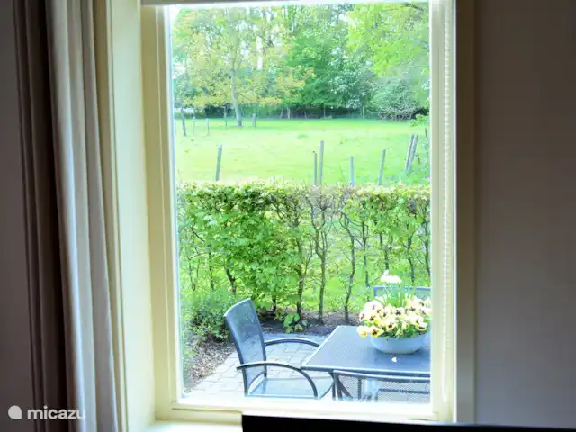 Appartement 'Tuinhuis' huren in Nederland, Drenthe, Diever - appartement Uitzicht op terras, weiland en bosrand vanuit kamer