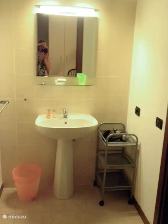 El baño de la planta baja tiene una habitación con lavabo y una habitación separada con ducha, bidé e inodoro.