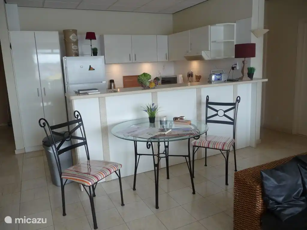 zicht op de keuken met grote keukenkast, grote brede koelkast met groot diepvriesvak, wasmachine, droger, vaatwasser, oven , aparte combi magnretron/oven, broodrooster, koffiezetapparaat  , ruim serviesgoed aanwezig. Strijkplank en strijkijzer. 220V en 110V in keuken. 