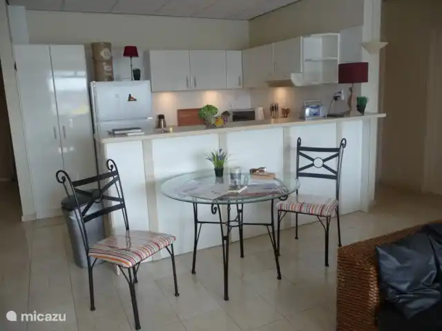 Location de Vacances Curaçao, Curaçao-Centre, Willemstad, appartement - Appartement Pontjesbrug Curaçao vue sur la cuisine avec grand meuble de cuisine, grand réfrigérateur large avec grand compartiment congélateur, lave-linge, sèche-linge, lave-vaisselle, four, combiné micro-onde/four séparé, grille-pain, cafetière, vaisselle abondante à disposition. Table et fer à repasser. 220V et 110V dans la cuisine.