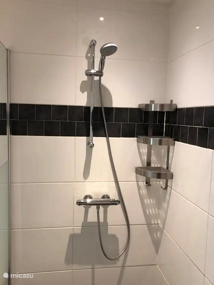 Sehr geräumige ebenerdige Dusche.