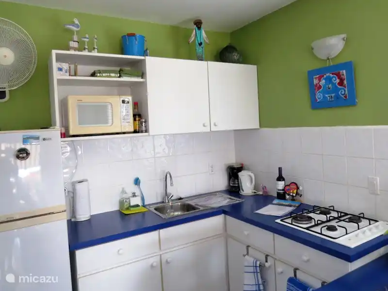 La cuisine est entièrement équipée. (pas de four)
Incluant réfrigérateur, cuisinière, micro-onde. mixeur. grille-pain, bouilloire, cafetière.
Il y a une petite table pour manger.