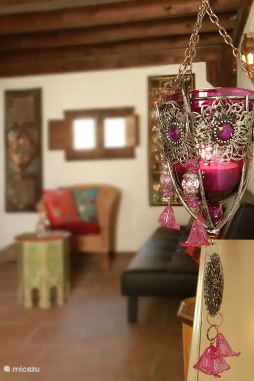 Salón con zona de estar frente a la estufa de leña a un lado, por si quieres venir en invierno. El sofá es un sofá cama.