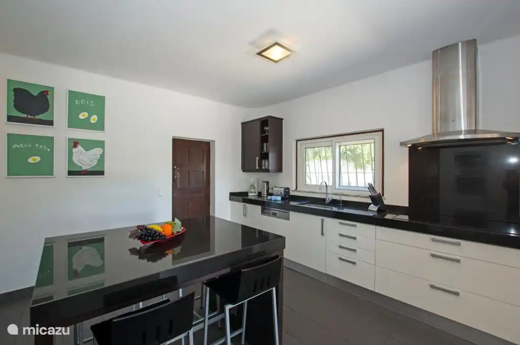 Schlanke, moderne Küche mit mehreren Geräten (Induktions-Kochfeld, Dunstabzugshaube, Geschirrspüler, Kühlschrank mit Gefrierfach), Zitruspresse, Kaffee- und Espressomaschine, Sandwichtoaster, Toaster usw.