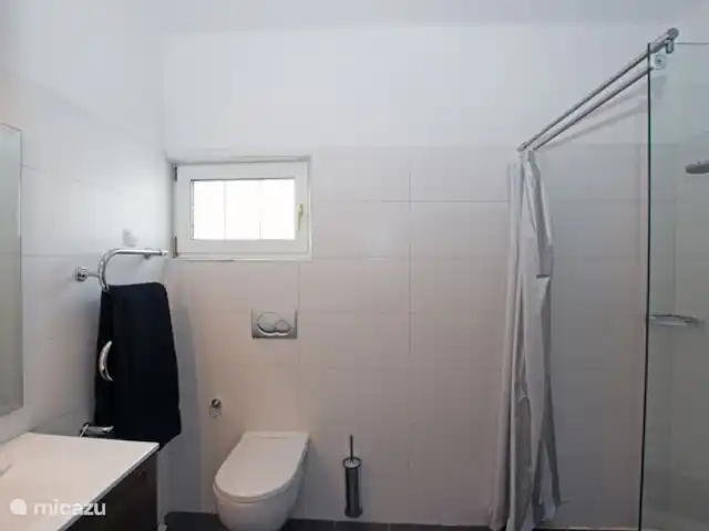 Casa comme Videiras | Portugal, Algarve, Carvoeiro - villa Salle de bains 1. Toutes les salles de bains sont équipées de carrelage mural blanc (30 x 60 cm), de sanitaires blancs et d'un carrelage gris anthracite. Cette salle de bain a une douche, un bidet, des toilettes et un lavabo