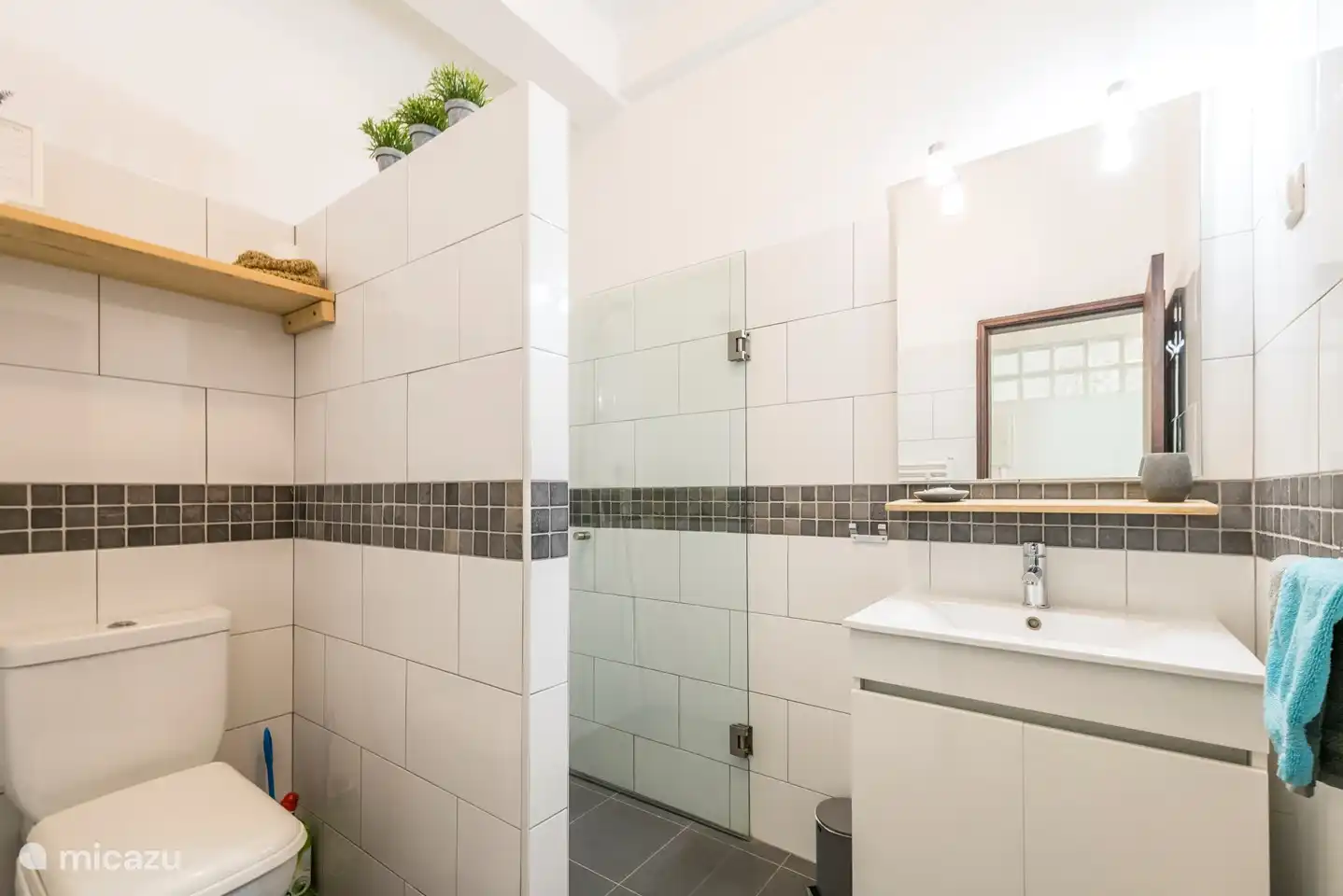 das Badezimmer mit ebenerdiger Dusche und WC