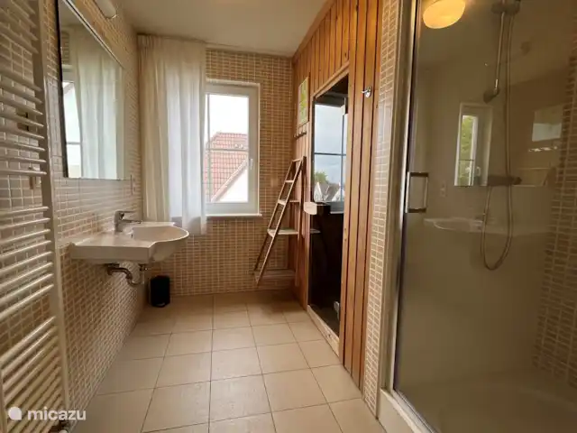 Haus Willy (con sauna privada) en Alemania, Baja Sajonia, Bad Bentheim - casa vacacional baño 1º piso con lavabo grande; Zona de sauna y ducha