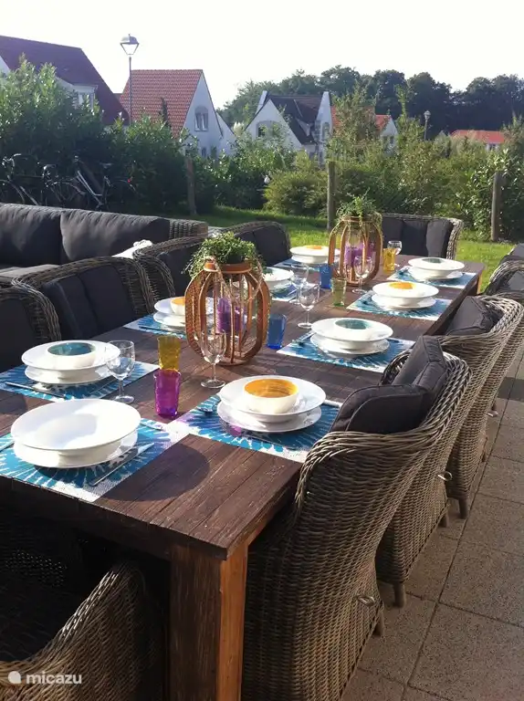 Garden with lounge set and large teak table with 10 chairs