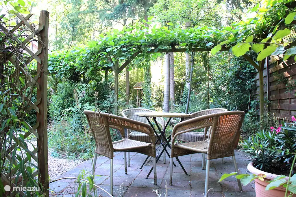 Eine sonnige Terrasse zwischen den Weinreben, Oleander und Obstbäumen.