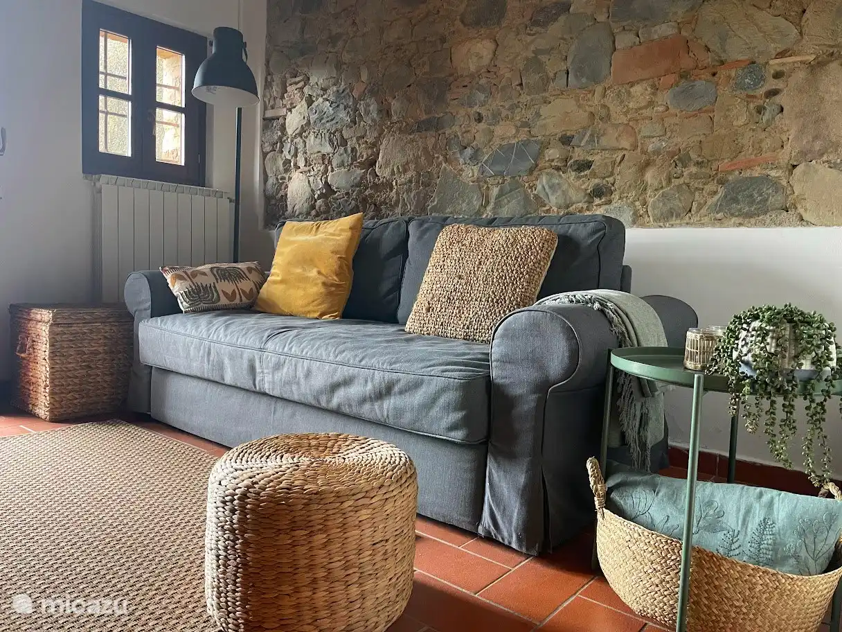 Wohnzimmer mit Sofa, das in ein Doppelbett umgebaut werden kann