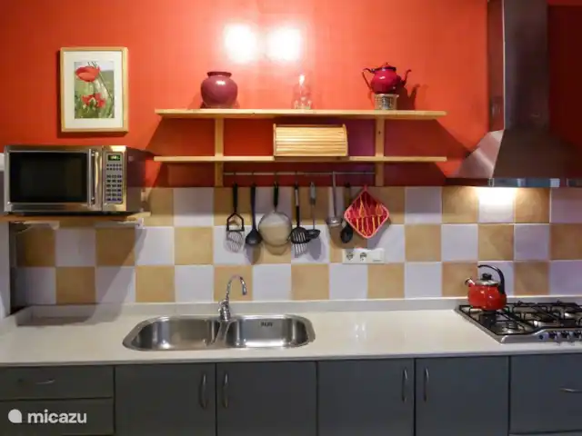 Casa Vallecillo en España, Andalucía, Ronda - casa vacacional Cocina bien surtida con fregadero doble, estufa de gas de 5 quemadores y horno combi-grill-microondas