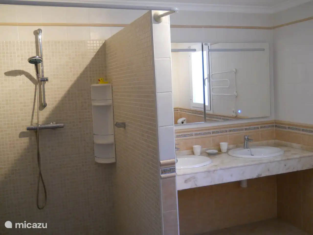 De badkamer van de ouderslaapkamer heeft een dubbele wastafel. De douche is goed toegankelijk voor minder validen.