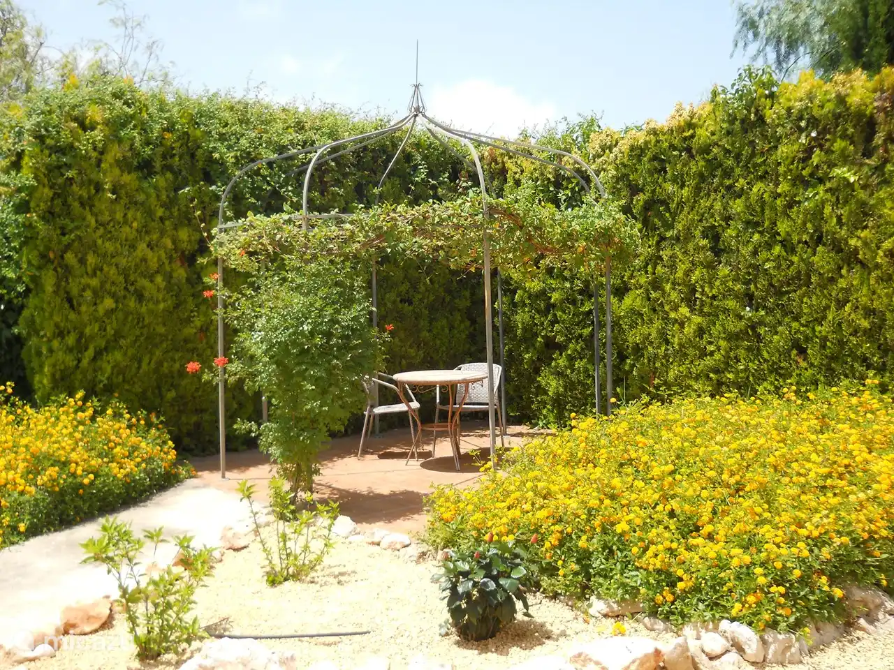 Terras achter de villa voor hen die even op zichzelf willen zijn. Omgeven door de heerlijke geur van jasmijn.