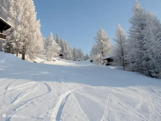 Gardevias | Suisse, Valais, Bellwald - chalet La piste à côté de la maison tôt le matin.