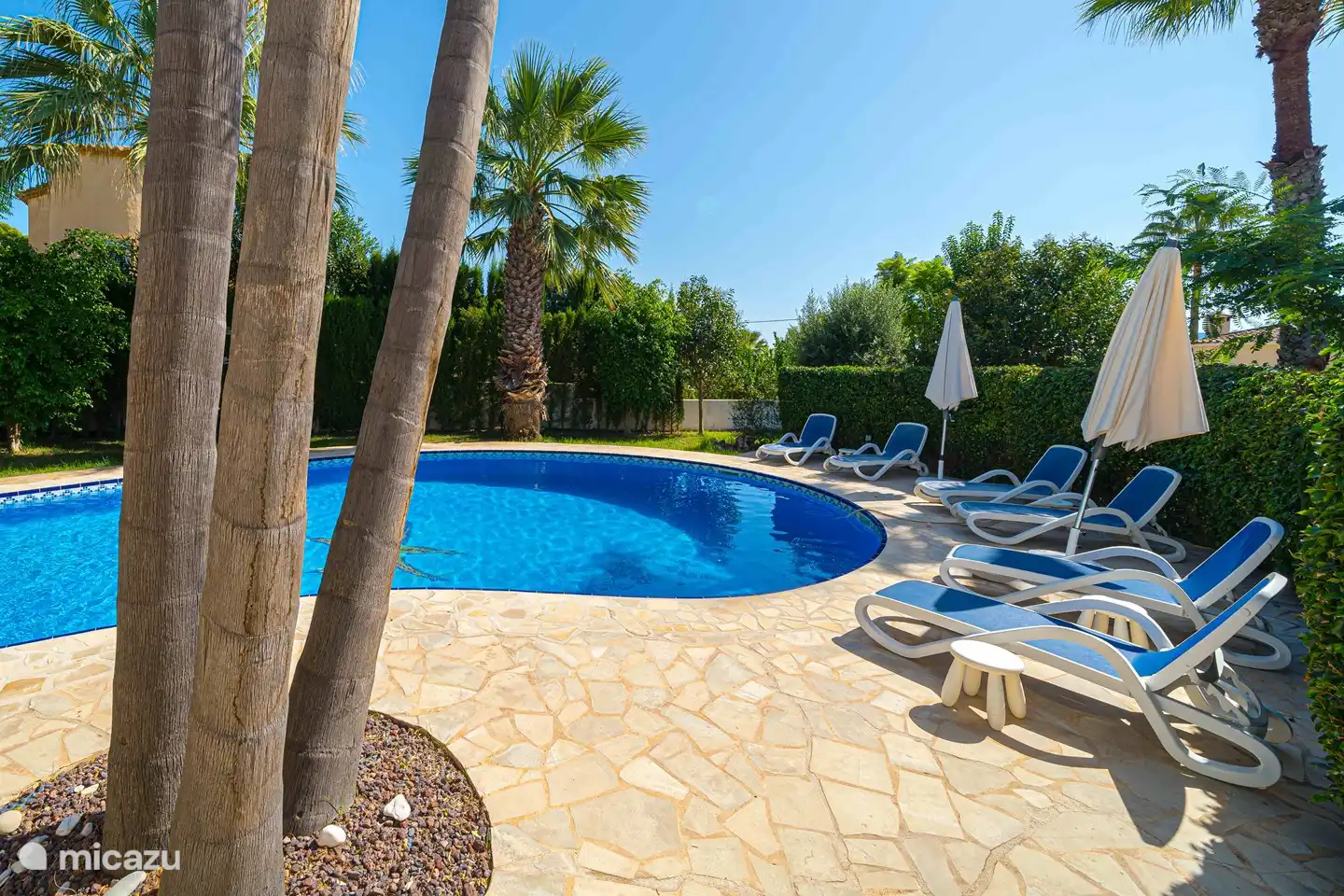 Schwimmbad mit Sonnenliege und zwei großen Sonnenschirmen