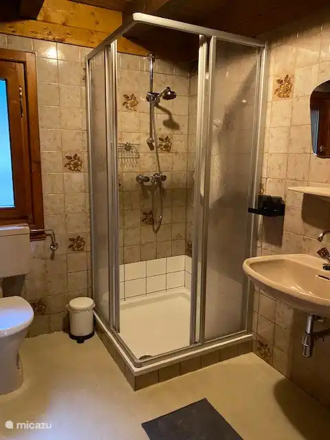 Badezimmer mit Waschbecken, Dusche und WC im Obergeschoss