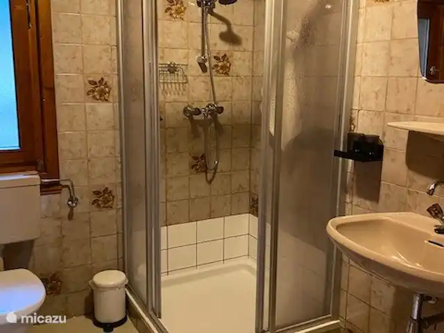 Q-alm | Autriche, Tyrol, Maurach - chalet Salle de bain avec lavabo, douche et toilettes à l'étage supérieur