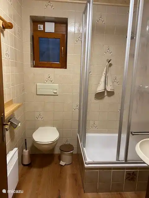 Badezimmer mit Waschbecken, Dusche und WC im Erdgeschoss