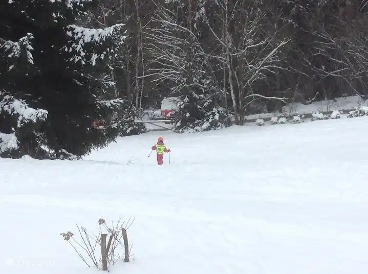 Im Winter Ski- und Schlittenfahren im eigenen Garten. Ideal für Kinder, die draußen spielen wollen