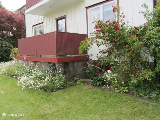 La casa Blanca en Suecia, Västergötland, Vegby - casa vacacional Casa al frente con balcón. Accesible a través del salón.
Disfrute de la vista en el sol de la mañana.