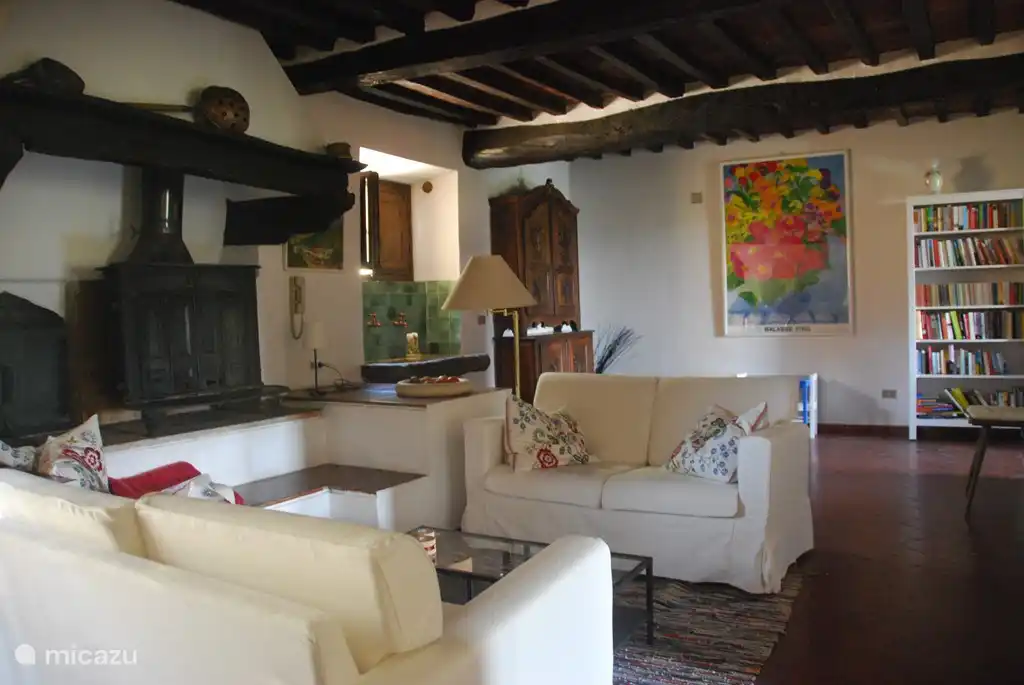 Großes gemütliches Wohnzimmer, viele Bücher in verschiedenen Sprachen