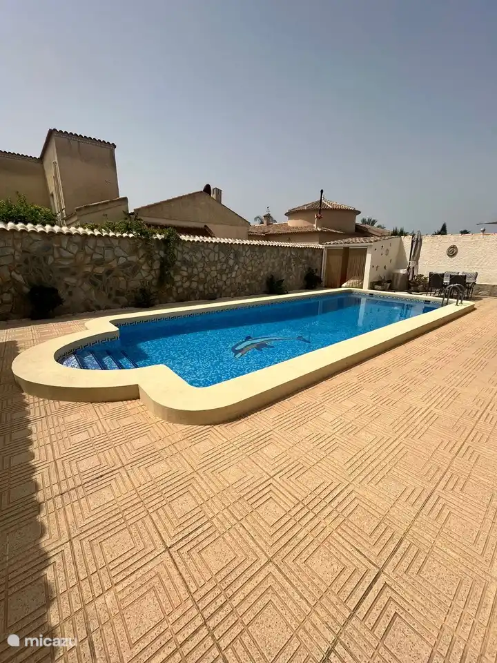 Gran piscina (climatizable) (10x4 m, profundidad hasta 2,2 m) orientada al sur, al sol todo el día