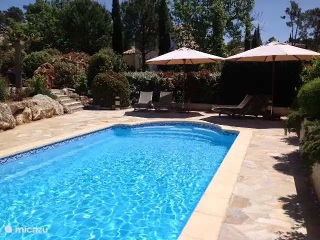 Villa 'El pequeño paraíso' en Francia, Var, Nans-les-Pins - villa La piscina privada está rodeada de plantas con flores y arbustos que brindan mucha privacidad.