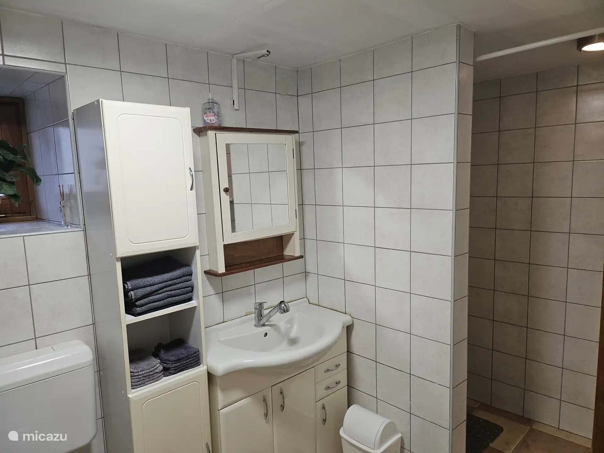 Badezimmer mit Dusche, Waschbecken mit Spiegel, Schrank mit Handtüchern und Waschlappen, WC und Waschmaschine.