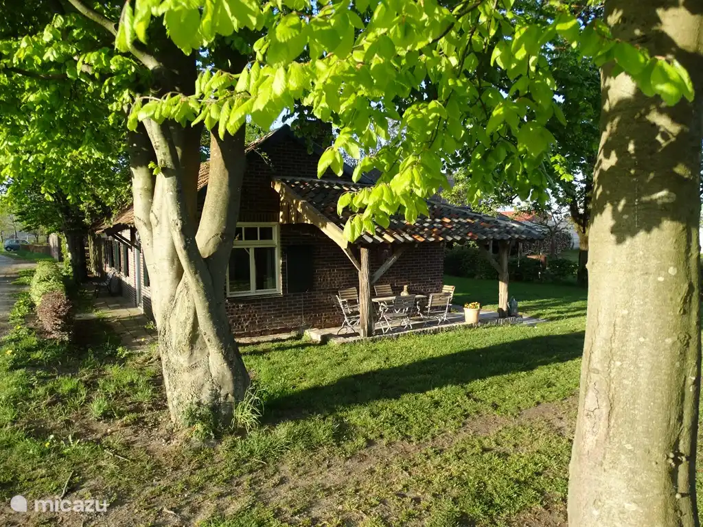 Agréable terrasse couverte sur le côté de la maison avec une large vue sur les vastes champs et prés avec vaches.