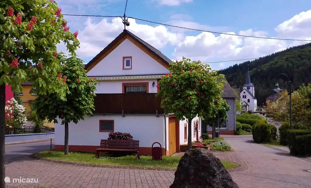 La casa está situada en el medio del pueblo.