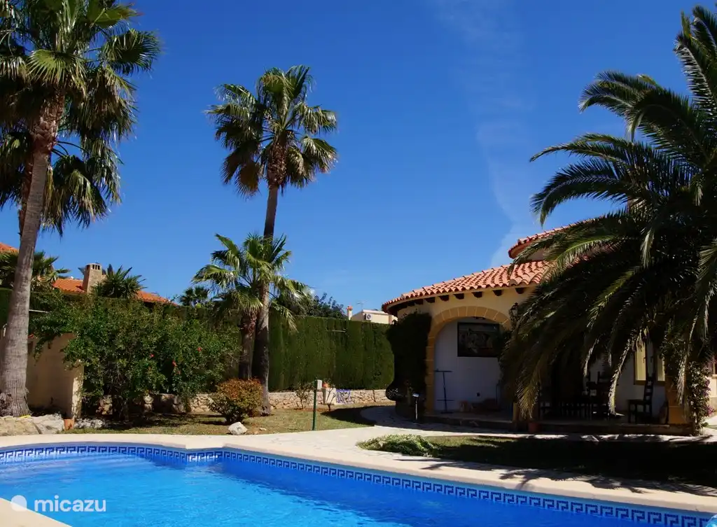 Large pool and beautiful garden with palm trees.