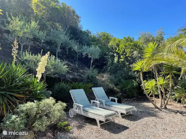 casa vacacional en Francia, Córcega, Calcatoggio – Villa Arbousier Calcatoggio Camas relax en el jardín.