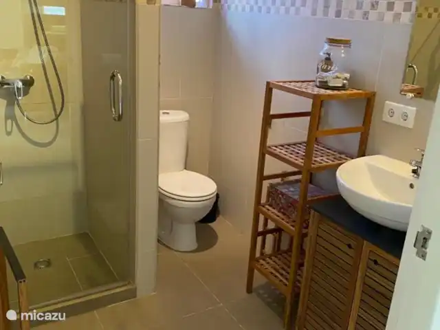 Casa Kontentu en Curazao, Bandabou (oeste), Fontein - casa vacacional El baño es en suite con el dormitorio principal. Los baños tienen puertas de ducha de vidrio para mayor comodidad. Los baños tienen una ducha con agua fría y caliente y, por supuesto, un inodoro. Además, el gabinete del lavabo y el estante de almacenamiento brindan mucho espacio para guardar su artículos de aseo.