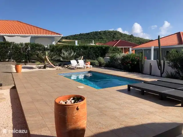 Casa Kontentu en Curazao, Bandabou (oeste), Fontein - casa vacacional La piscina, el seto de adelfa con los vecinos y el muro con plantas en la parte trasera de los vecinos da mucha privacidad.