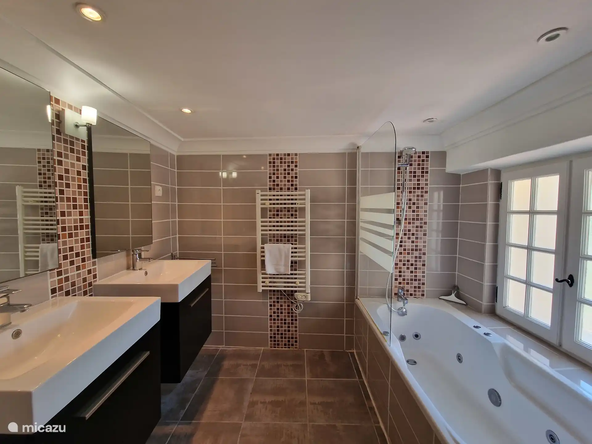 Bathroom with spa bath, double sink and toilet