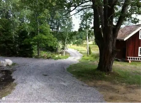 Driveway to the house seen from the terrace / door. House on the right is a storage place for barbecue, etc.