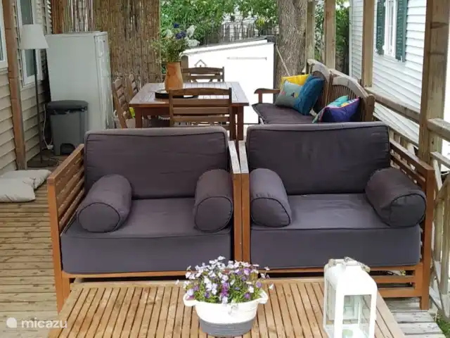 Pampelonne mobilhome aan het strand huren in Frankrijk, Côte d´Azur, Ramatuelle - stacaravan een grote veranda om heerlijk te vertoeven