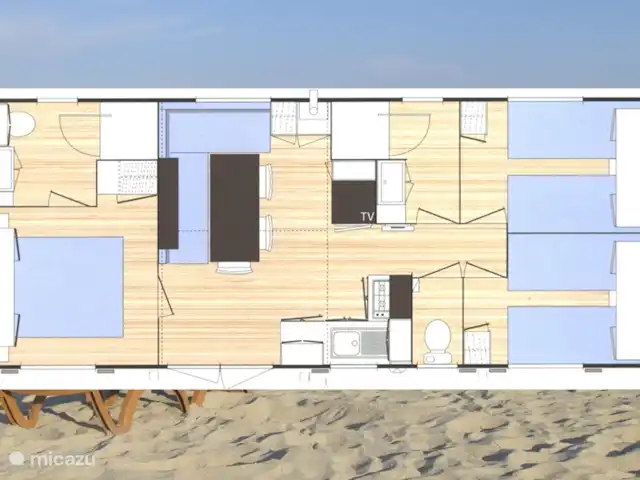 Pampelonne mobilhome aan het strand huren in Frankrijk, Côte d´Azur, Ramatuelle - stacaravan Plattegrond van de mobilhome