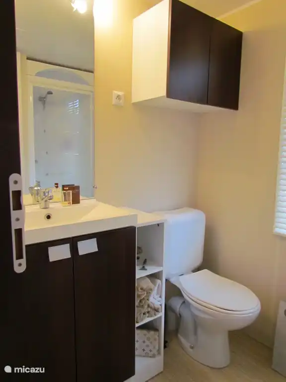 Baño perteneciente al dormitorio 1 con lavabo, armario empotrado, inodoro y ducha.