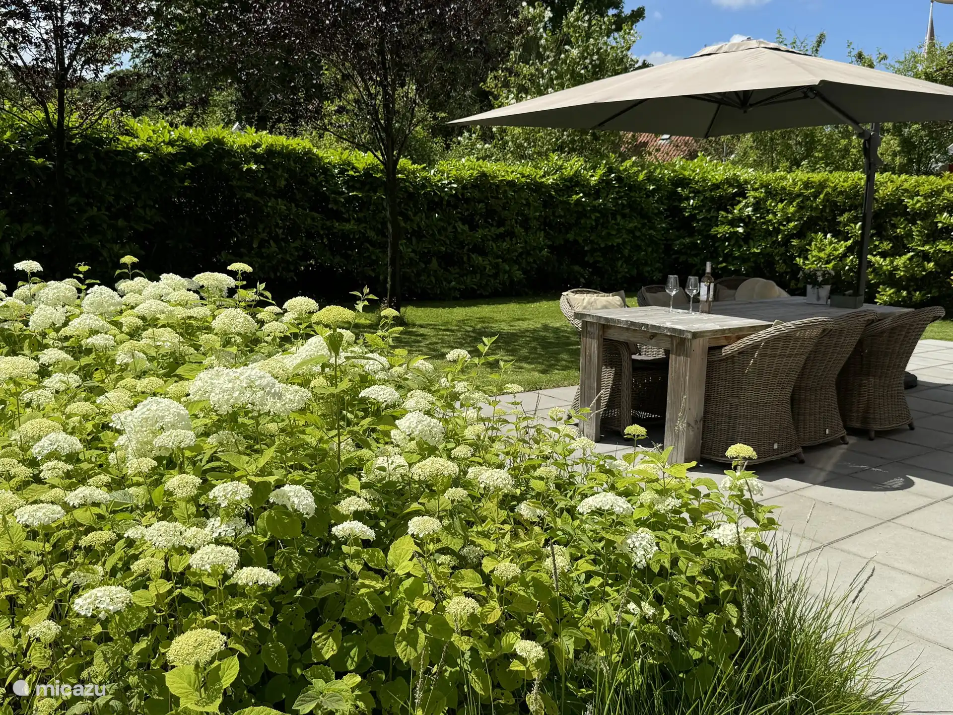 En la parte trasera limita con el jardín (600m2) y la terraza a la sala de estar con puertas de patio.