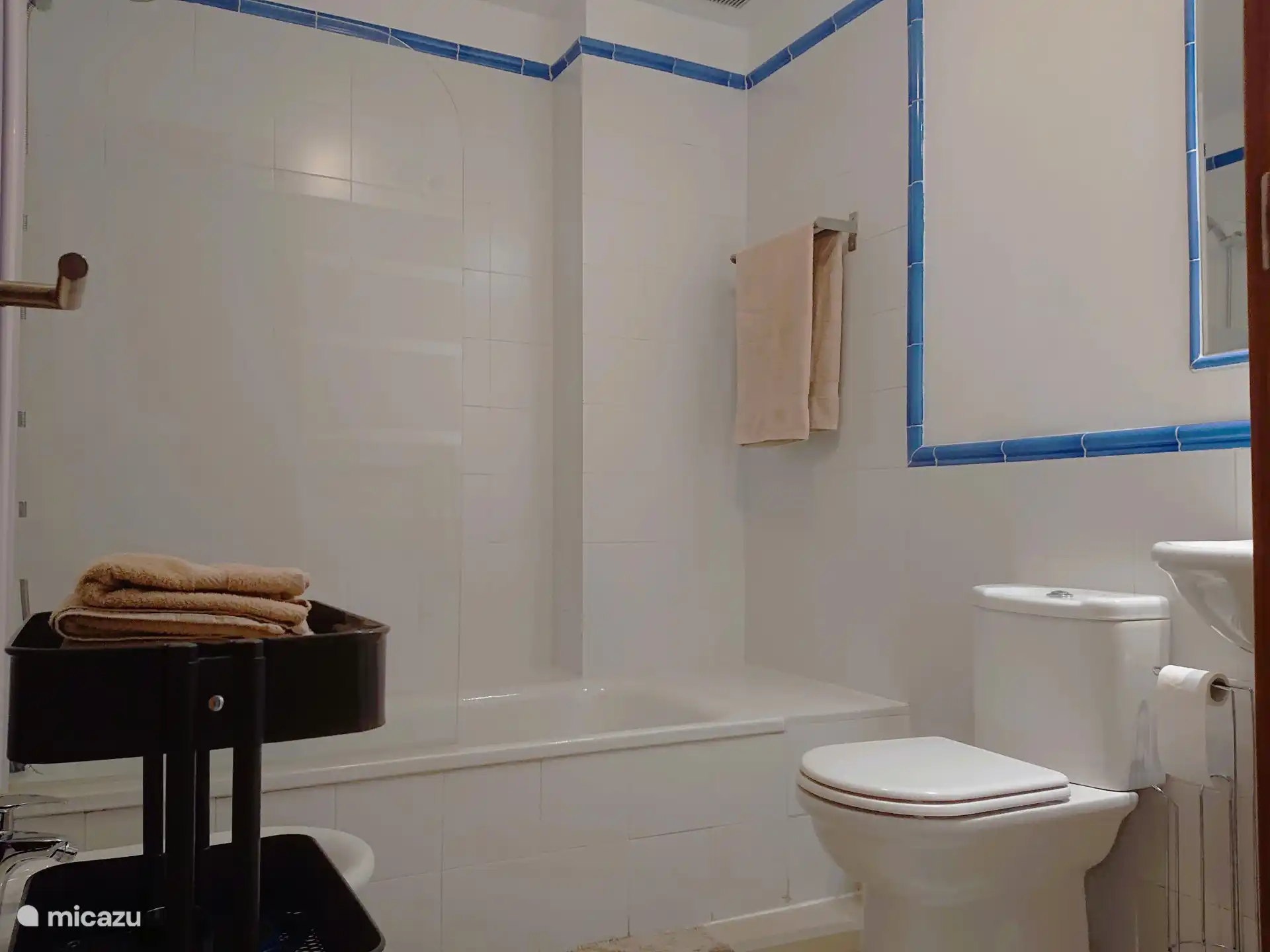 Eerste badkamer met bad, bidet, fohn, toilet. Deze badkamer is ensuite met de grote slaapkamer