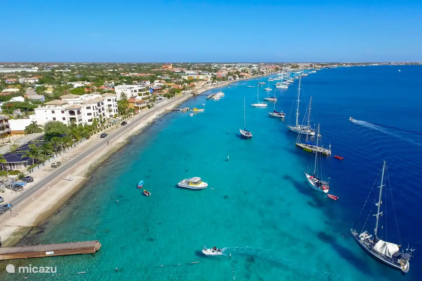 Elevation view of the capital city, Kralendijk. Kralendijk to get many small, nice shops to with something for everyone. Here are also located most of the restaurants.