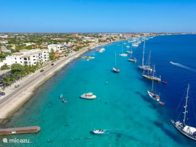 villa huren in Bonaire, Bonaire, Belnem – Cas Bon Majeti Hoogtezicht van de hoofdstad, Kralendijk. In Kralendijk komt u veel kleine, leuke winkeltjes tegen met voor elk wat wils. Hier zijn ook de meeste restaurants gevestigd.