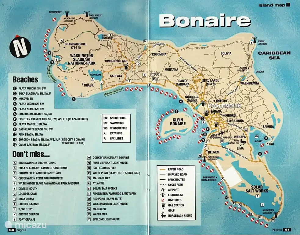 Tourist map of Bonaire. This island has many diving, swimming and snorkelling spots. There are also plenty of public beaches, a large nature reserve, an island off the coast and plenty of beautiful countryside.