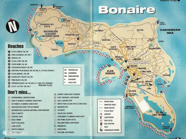 villa huren in Bonaire, Bonaire, Belnem – Cas Bon Majeti Touristische kaart van Bonaire. Dit eiland kent vele duik-,zwem- en snorkelplekken. Er zijn tevens veel openbare stranden, een groot natuurpark, een eiland voor de kust en meer dan genoeg prachtige natuur.