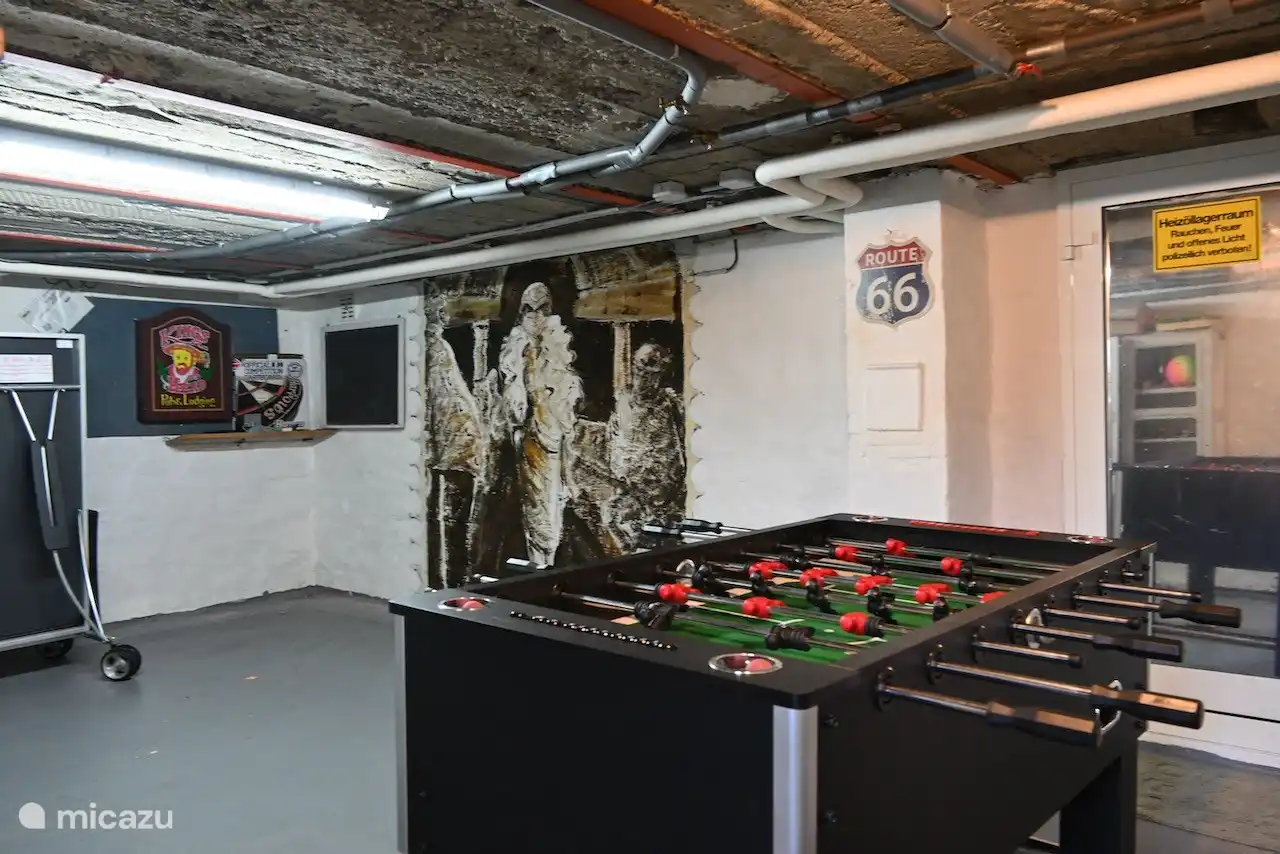 the play cellar with darts, table tennis, ping-pong and cupboard with outdoor toys