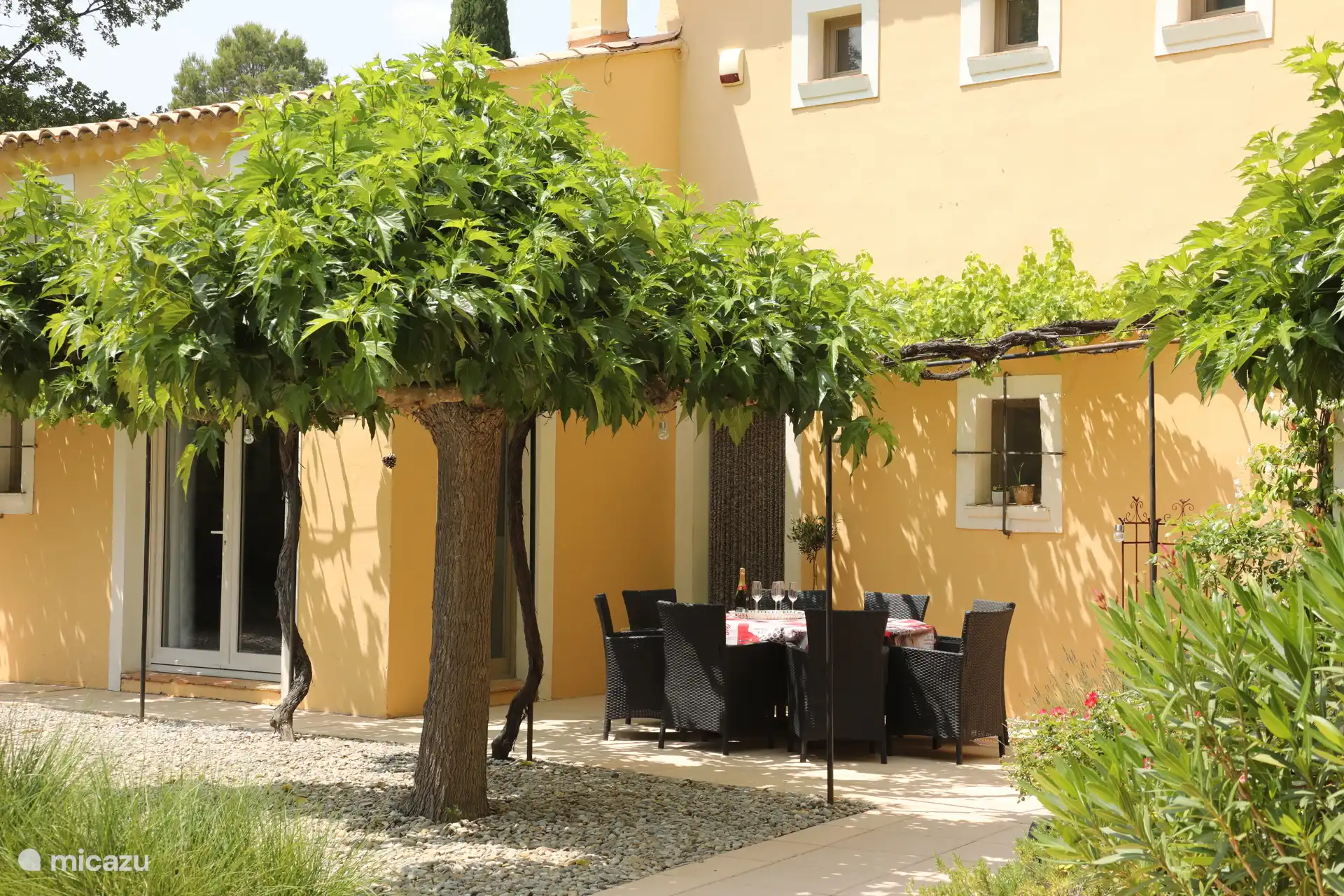 Geräumiger Esstisch und Stühle für 8 Personen unter Weinreb. Ein Tisch mit Kinderstühlen steht im Abstellraum zur Verfügung.