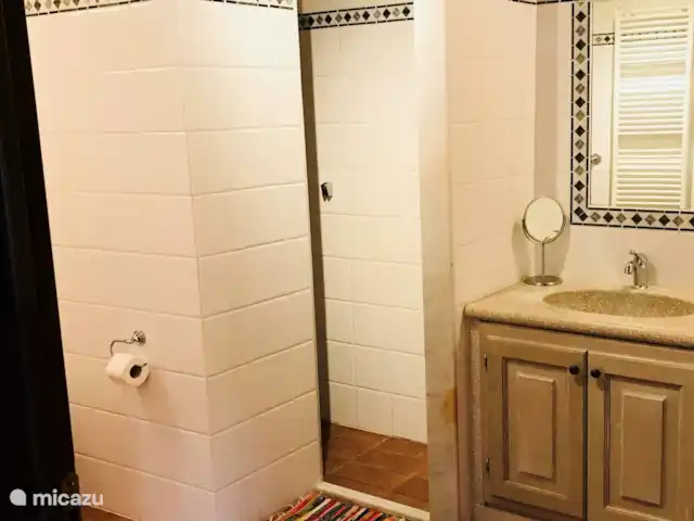 Location de Vacances Italie, Toscane, Montecatini Val Di Cecina, appartement - CERVO-2 Belle salle de bain avec lavabo en pierre naturelle et douche à l’italienne